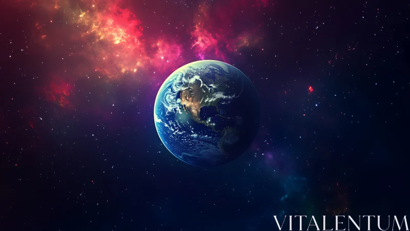 Lone blue planet drifting through a neon-swirled cosmos.