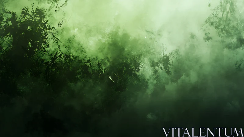 Diffuse green atmospheric mist envelops abstract forest silhouettes