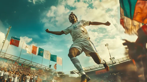 Soccer player mid-air in stadium environment during match.