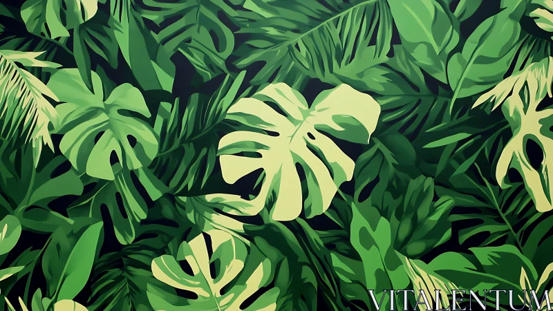 Layered monstera canopy with stylized vector foliage mapping.