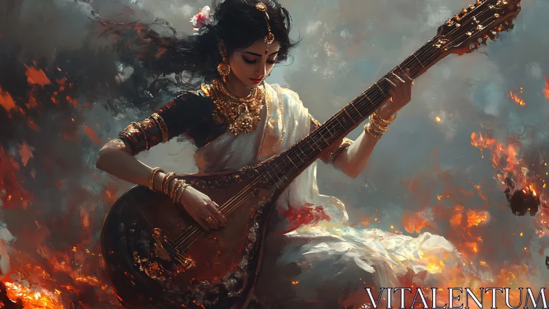 Mythic sitar virtuosa amid combustion-driven chromatic vortices.
