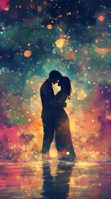 Luminous Silhouettes: Couple Embraced in Cosmic Light.