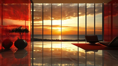 Modern oceanfront lounge captures vivid sunset reflections