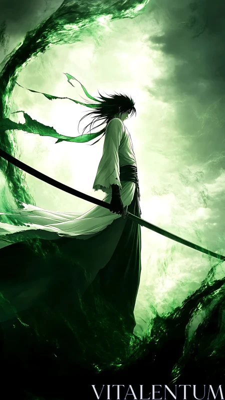 Stormlit swordsman wrapped in swirling green energy calm.