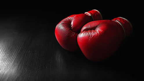 Red boxing gloves on dark surface.