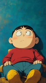 Cartoon boy stares upward from wooden chair against teal wall