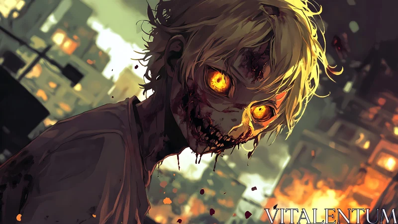 Golden-eyed revenant grins through firelit urban ruins