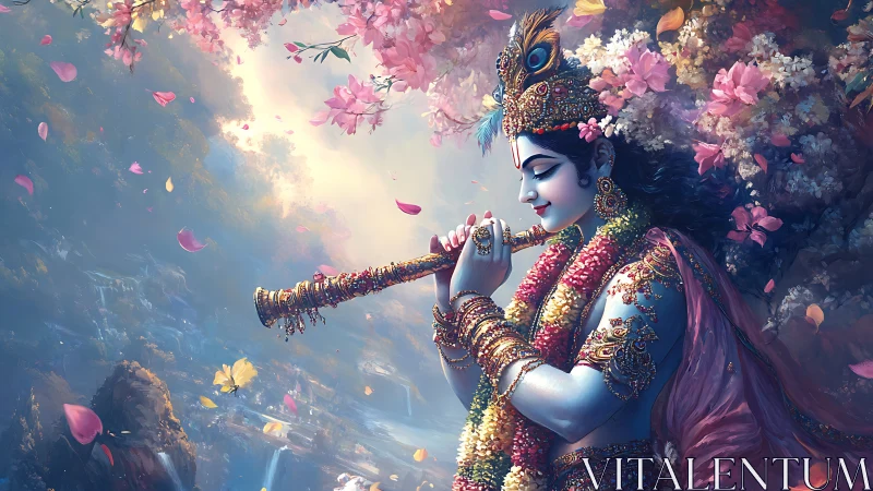 Serene blue musician playing flute beneath soft pink blossoms.