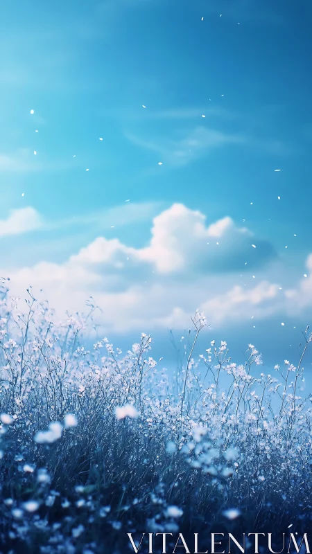 High-key blue meadow under cumulus sky with drifting petals