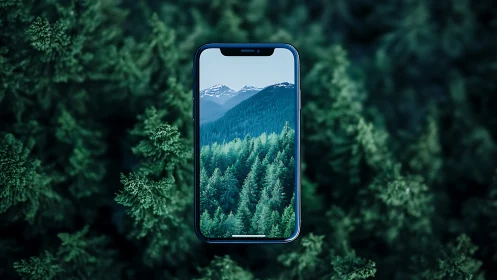 Smartphone displaying forest mountain landscape with evergreen trees.