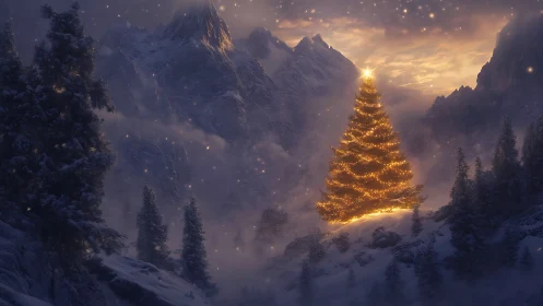 Luminous alpine fir illuminated against twilight mountain fog.