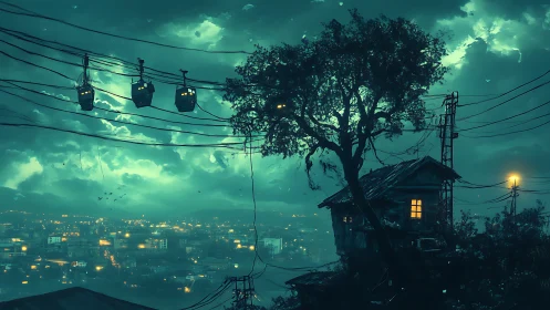 Hilltop shack, glowing city and cable cars at night.
