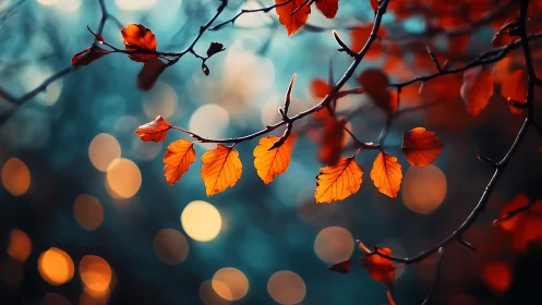 Vibrant Autumn Leaves on Branches with Dreamy Bokeh Background.