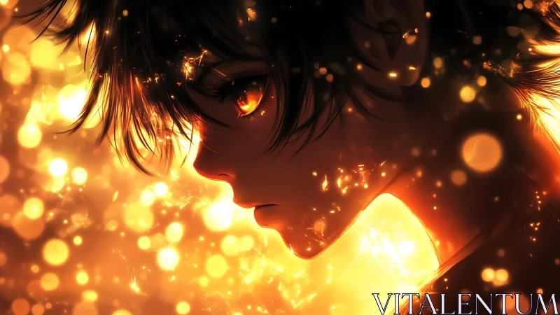 Backlit anime profile glows amid molten bokeh particles