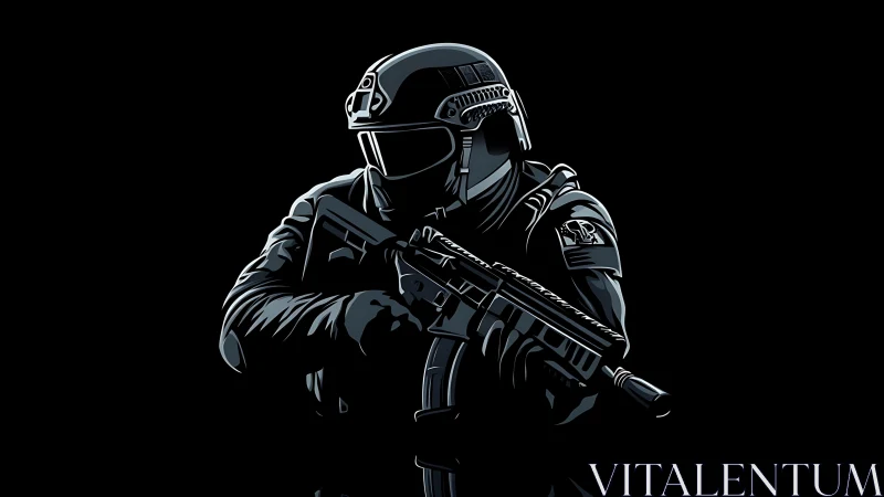 Tactical soldier silhouette holds rifle in stark contrast.