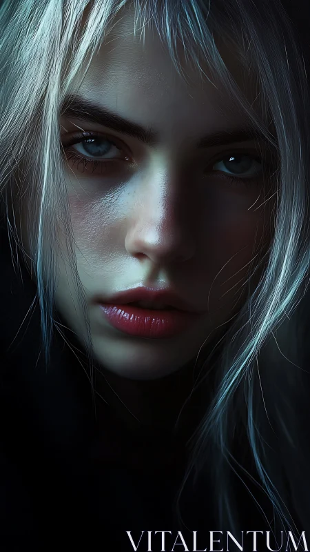 Close portrait of young woman with pale hair, low light.