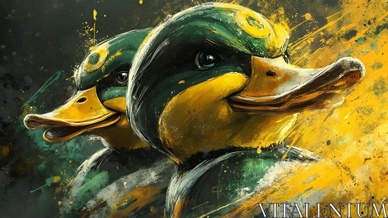 Twin mallard portraits explode through abstract color fields.