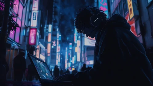 Silhouetted headset user with laptop in neon urban street.