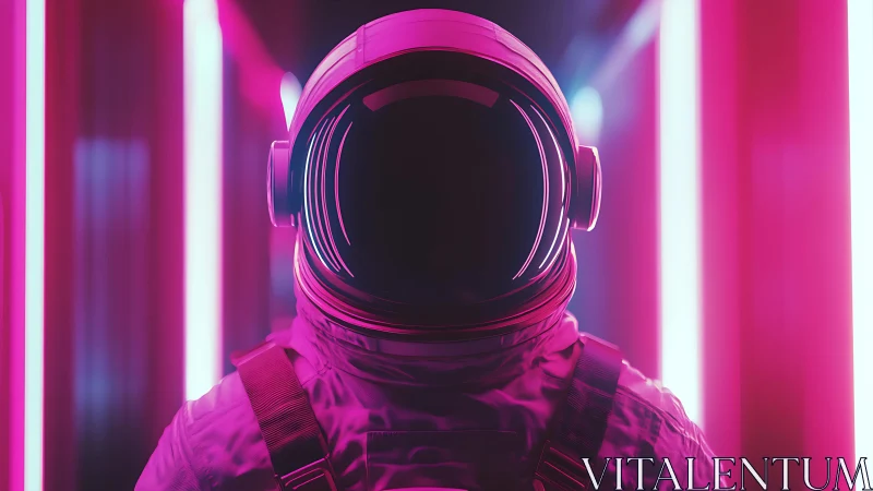 Neon corridor astronaut drifting through soft cosmic glow.