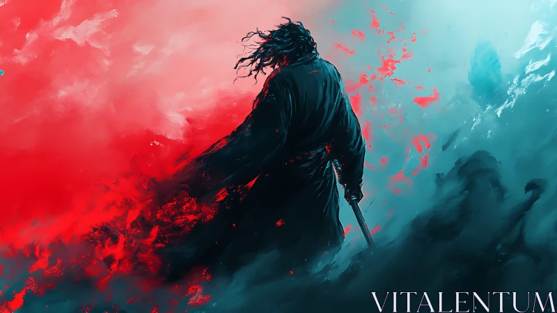 Swordwalker pauses where red storm collides with blue mist