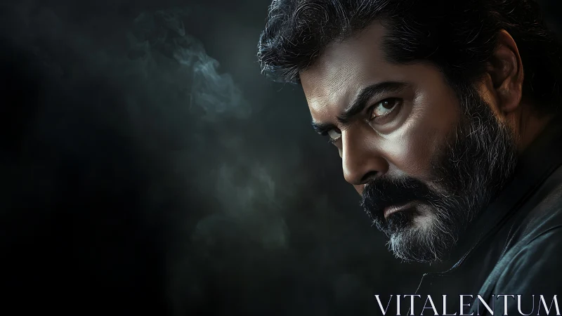 Intense bearded man in dark moody digital portrait.