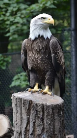 Bald eagle posed on cut tree stump in sharp natural detail
