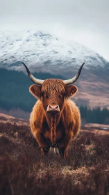 Gentle Highland cow stands calmly before snowy mountain