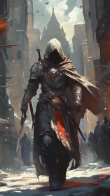 Hooded assassin in cloaked armor, dynamic urban fantasy scene.