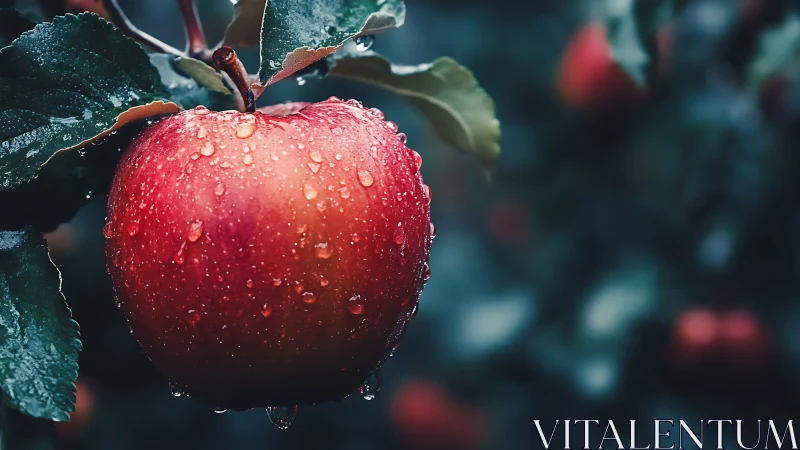 Rain-kissed orchard jewel, glowing crimson against dusk greens.