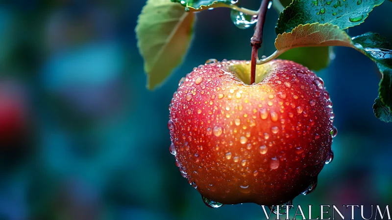 Rain-kissed orchard jewel lingers in a blue twilight hush