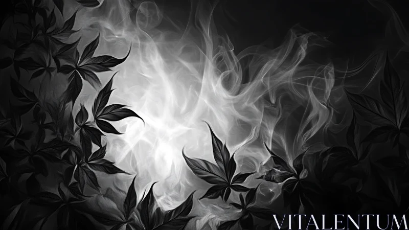 Monochrome foliage silhouettes framing ethereal smoke core.