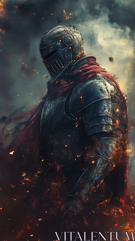 Burning armored knight stands amid swirling embers
