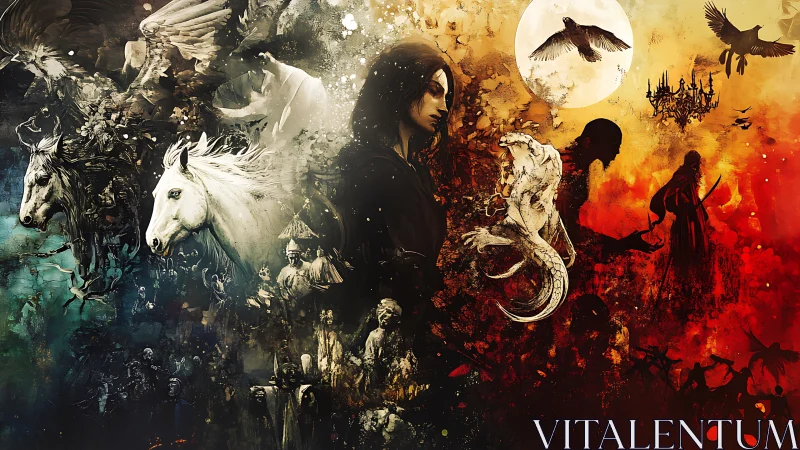 Surreal fantasy triptych contrasts ethereal steeds with infernal fire