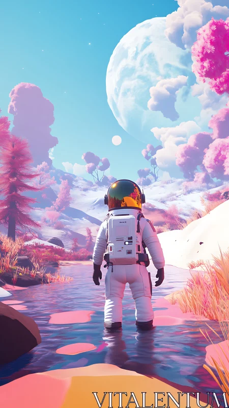 Solitary astronaut exploring pastel alien river world.