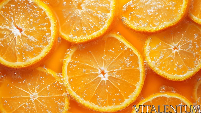 Orange slices in bright carbonated liquid close-up.