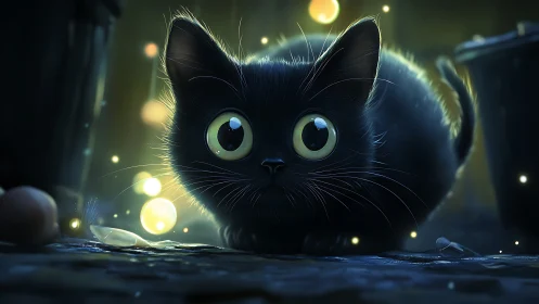 Black Cat with Luminescent Eyes in Nocturnal Setting.