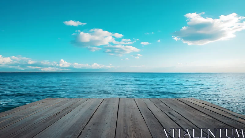 Wooden pier overlooks calm turquoise sea under bright sky
