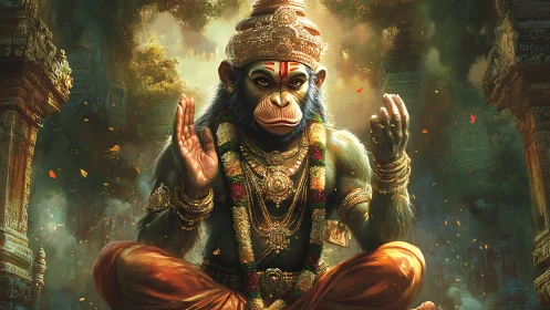 Regal monkey deity in ornate temple setting, seated calmly.