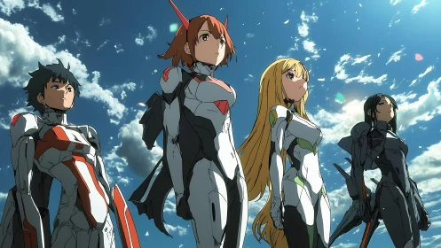 Four anime pilots in reinforced exosuits under dynamic sky