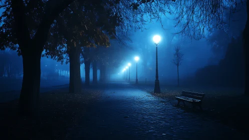 Foggy park path with illuminated lamps and empty benches.