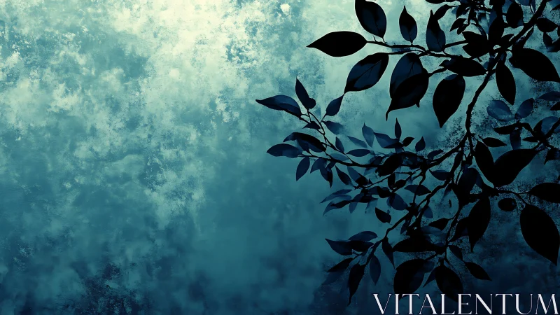 Silhouetted leaves drift across a cool textured sky backdrop.