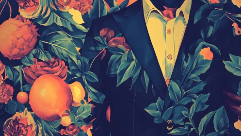 Suit torso partially obscured by dense stylized foliage and fruit