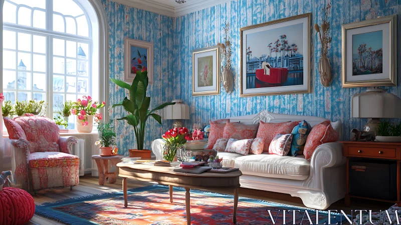 Sunlit floral salon where coral cushions court sky walls.