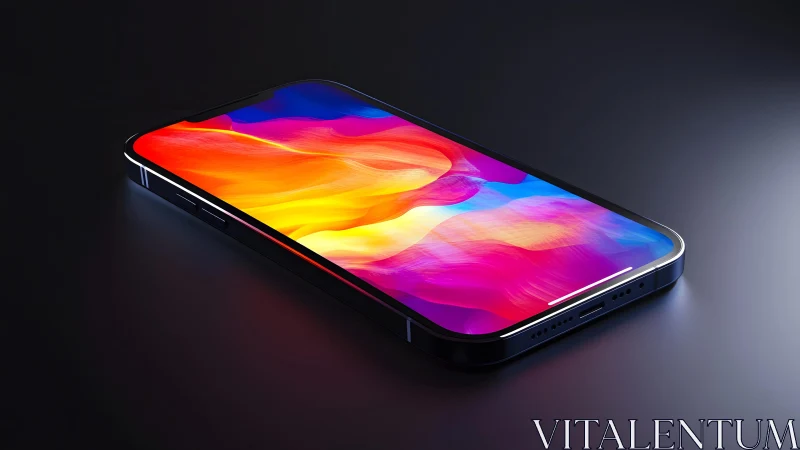 Modern smartphone with vibrant abstract display on dark background.