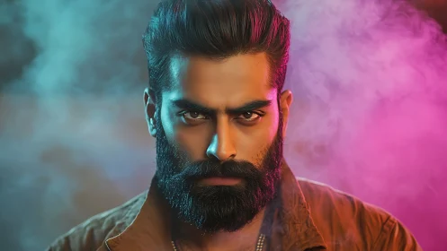 Intense bearded man stares through neon mist with fierce calm