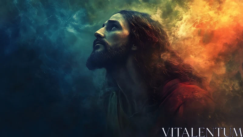 Bearded man gazes upward through swirling colored clouds