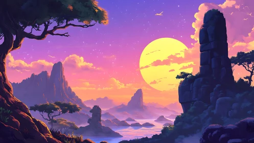 Radiant fantasy sunset bathes tranquil cliffs in gentle light