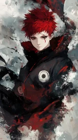 Red haired anime warrior in black cloak with abstract swirls