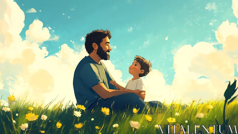 Adult male and young child seated in flowering meadow beneath clear sky