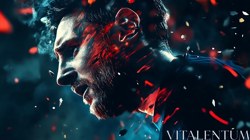 Shattered ember portrait of intense bearded man in motion.